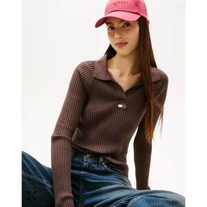 Tommy Jeans Women's Long-Sleeve Ribbed Collar Polo Top S Black Walnut